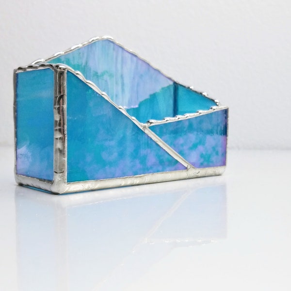 Iridescent Sky Blue Asymmetric Business Card Holder Stained Glass Office Decor Desk Storage Home or Office Gift for Her Gift for Him