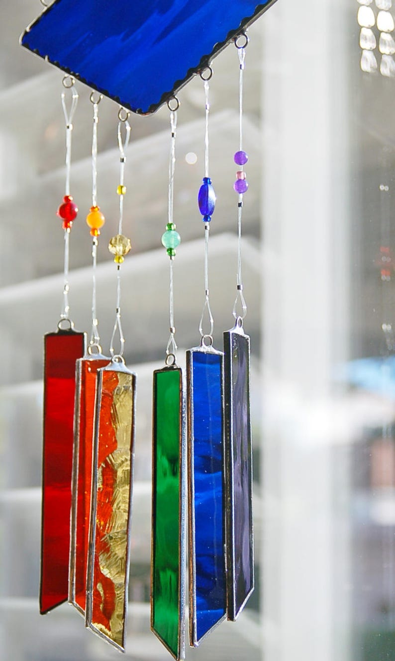 Stained Glass Wind Chimes Lapis Blue with Rainbow of Colors Etsy