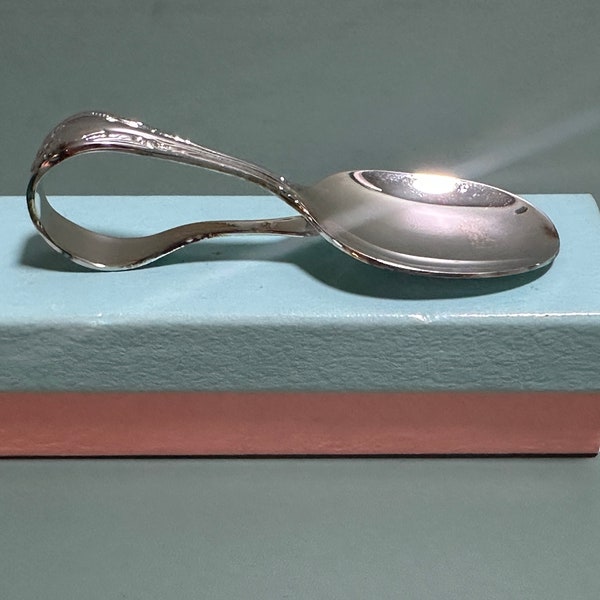 Vintage Silver Plate Curved Handle Baby Spoon Wm A Rogers Oneida Ltd with Pink and Blue Box