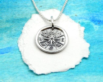 TRUE NORTH, Small Silver Compass Charm, Inspirational Jewelry