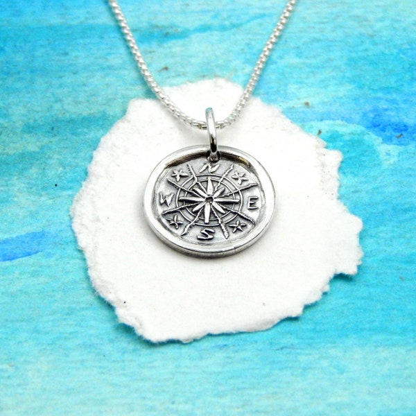 TRUE NORTH, Small Silver Compass Charm, Inspirational Jewelry