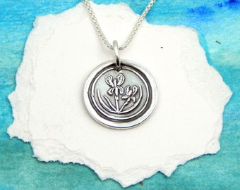FEBRUARY, Small Silver Iris Necklace, Inspirational Jewelry, Birth Month Flower