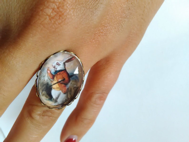 alice in wonderland rabbit ring bronze vintage