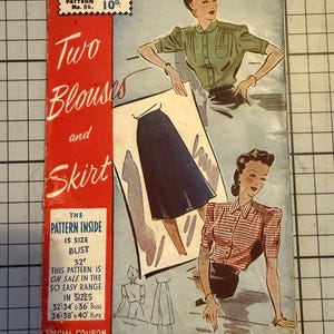 May include: Vintage sewing pattern cover for "Two Blouses and Skirt" by Weldons. The cover features illustrations of women in blouses and skirts. Text includes "SO-EASY" and size information for bust and hips.