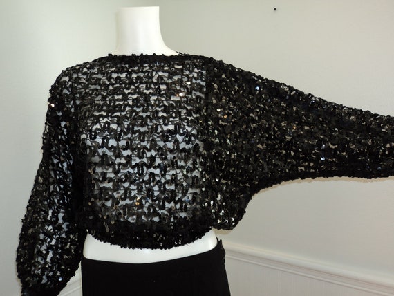 Vtg 80s Sheer Black Sequin Glitter Lace Blouse To… - image 2