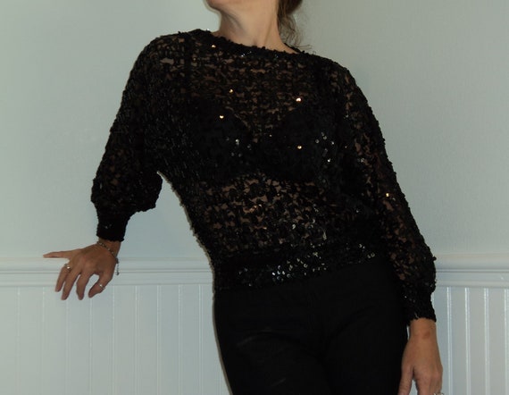 Vtg 80s Sheer Black Sequin Glitter Lace Blouse To… - image 4