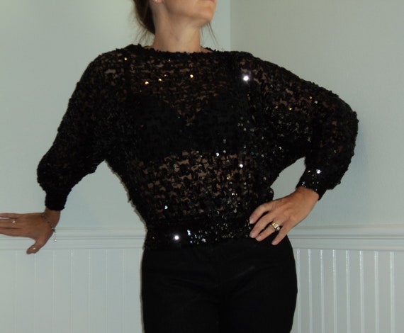 Vtg 80s Sheer Black Sequin Glitter Lace Blouse To… - image 3