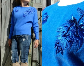Vintage 80s 90s Cobalt Sweater Jumper - Batwing Sequin Applique Fuzzy Angora - Size Small - FREE SHIPPING