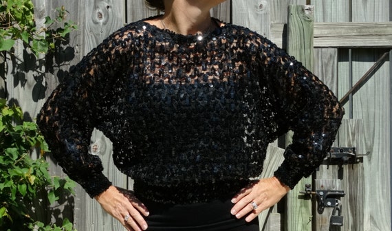 Vtg 80s Sheer Black Sequin Glitter Lace Blouse To… - image 1