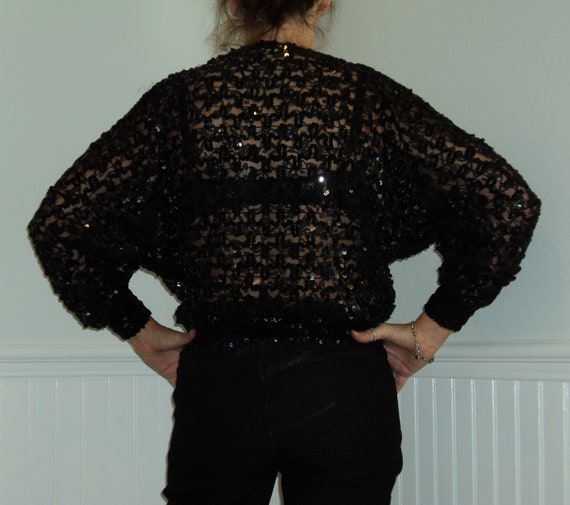 Vtg 80s Sheer Black Sequin Glitter Lace Blouse To… - image 5