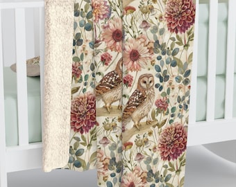 Owl Autumn Floral Sherpa Fleece Blanket, 50x60 and 60x80