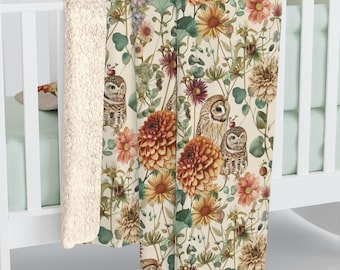 Owls Blanket, Autumn Floral Sherpa Fleece Blanket