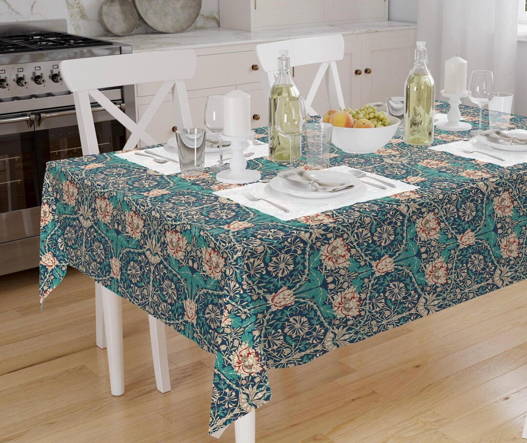 William Morris Cotton-linen Tablecloth, Teal Honeysuckle and Tulip ...