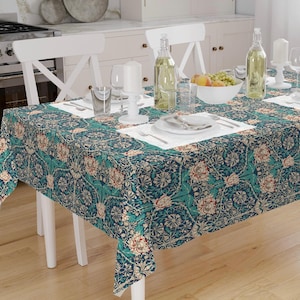 William Morris Tablecloth, Teal Honeysuckle and Tulip Kitchen Linens, Easy Maintenance