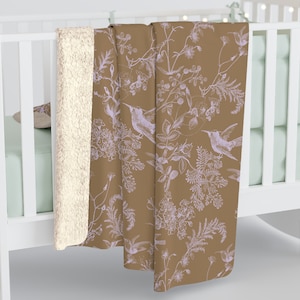 Lightweight Blanket gift - Brown Earthy Hummingbird Toile Sherpa Fleece Blanket 50x60, 60x80 - Warm and Cozy