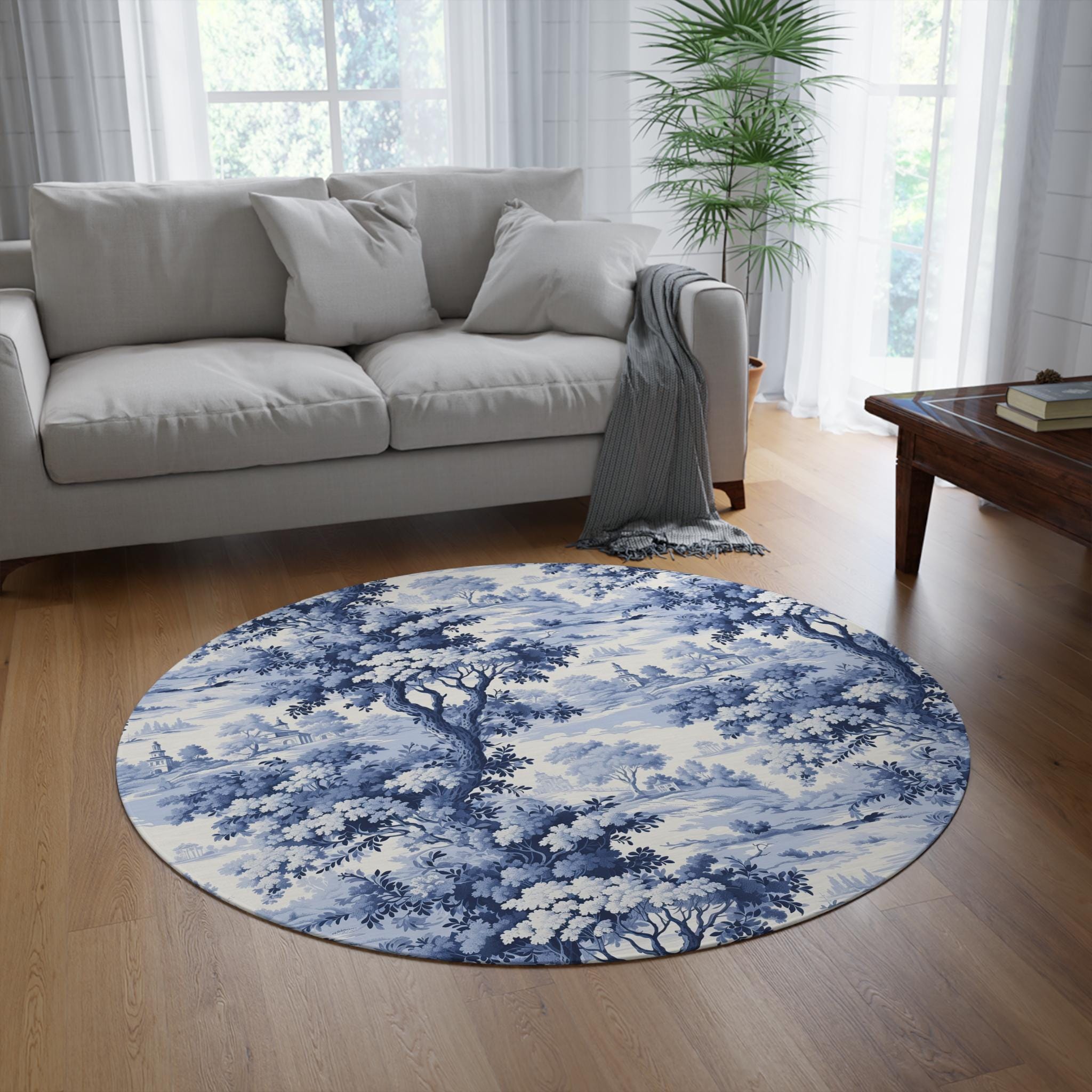 French Country Toile Rug: Blue Chinoiserie Forest, Round Chenille 