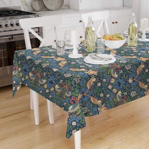 William Morris Strawberry Thief Tablecloth: Indigo Cotton-Linen Kitchen Decor