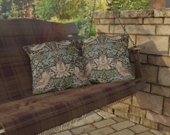 Brown Strawberry Thief Waterproof Pillow - Outdoor Patio Throw Pillow - William Morris Garden Decor