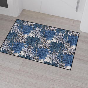 William Morris Floor Mat: Blue  Pink and Rose Floral Entry Rug