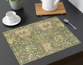 William Morris Aged Honeysuckle Placemat- Moss Green - May Morris Cotton Twill Table Placemat/ Choose amount