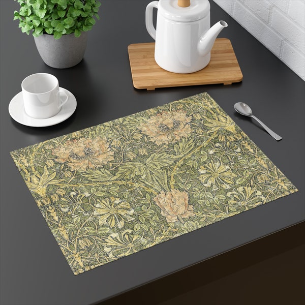 William Morris Aged Honeysuckle Placemat- Moss Green - May Morris Cotton Twill Table Placemat/ Choose amount