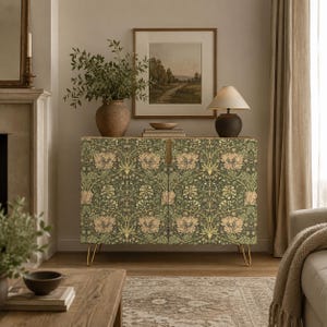 May include: A rectangular cabinet featuring a dark green and beige floral pattern on its two front doors, supported by four thin gold-toned metal hairpin legs. The cabinet has a flat top surface and a seamless design across the front panels.