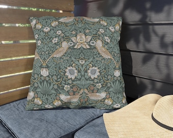 Outdoor Pillows - Teal Strawberry Thief Waterproof Patio Pillow, William Morris Design, Throw Cushion