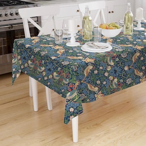 William Morris Tablecloth, Indigo Strawberry Thief Kitchen Linens