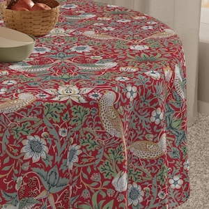 William Morris Strawberry Thief Tablecloth: Scarlet Red Maximalist Dining Decor