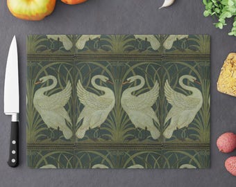 Walter Crane art nouveau glazen kaasplank: zwaan, rush en iris