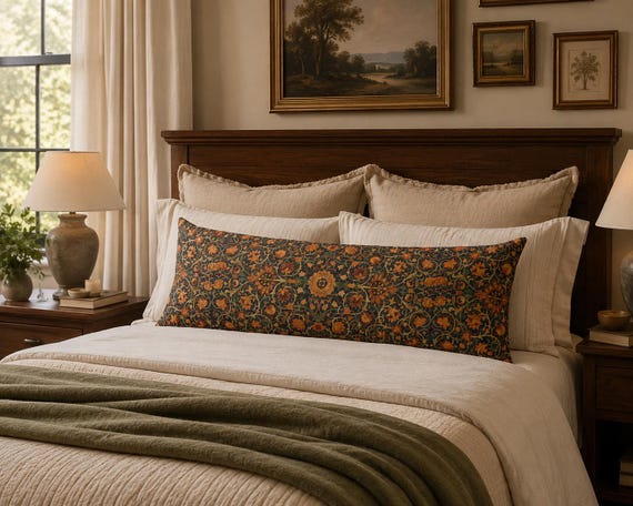 William Morris Body Pillow, Holland Park XL  Lumbar Pillow, Burgundy, Rust, Muted Blues