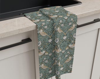 Teal Strawberry Thief William Morris Microfiber Tea Towel | Blue Botanical Pattern Cloth