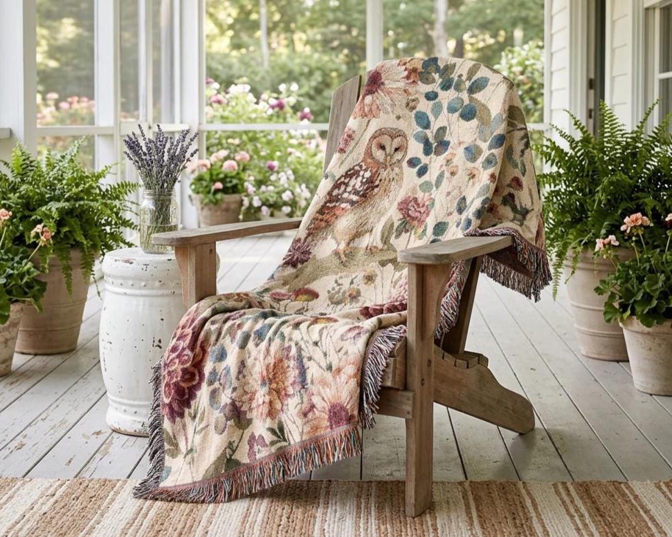 Owl Floral Woven Blanket | 100% Cotton Autumn English Country Throw