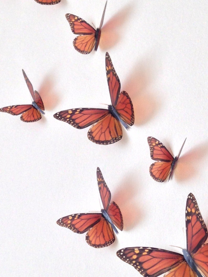 May include: A set of six orange and black monarch butterfly wall decals. The butterflies are arranged in a staggered pattern on a white background.