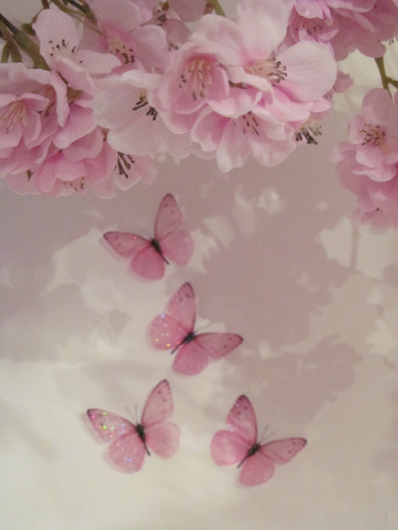 May include: Four pink butterfly decorations with glitter accents on a white background. The butterflies are arranged in a staggered pattern.