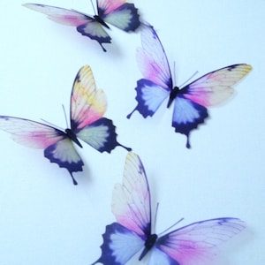 May include: Four decorative butterflies with translucent wings in shades of pink, yellow, and blue. The butterflies have dark purple accents and are arranged in a staggered pattern.