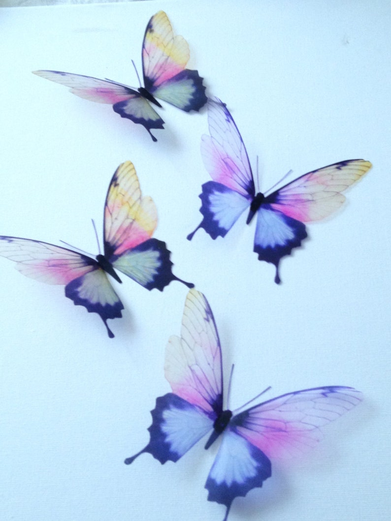 May include: Four decorative butterflies with translucent wings in shades of pink, yellow, and blue. The butterflies have dark purple accents and are arranged in a staggered pattern.
