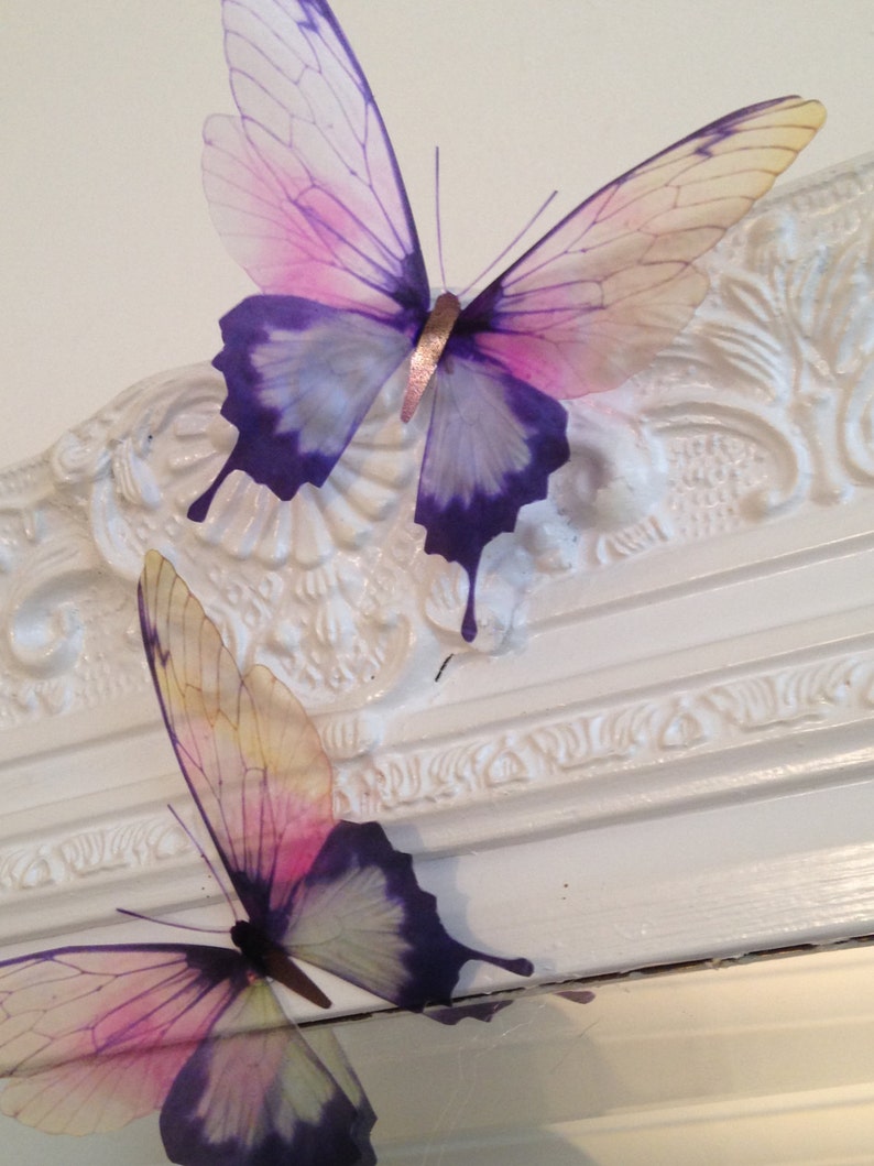 May include: Two decorative butterflies with purple and pink wings. The butterflies are made of a translucent material and have a delicate, feminine look.