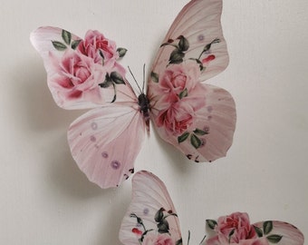 Shabby Chic Pink Rose Butterfly Wall Decals: 3D Home Decor, Set of 4