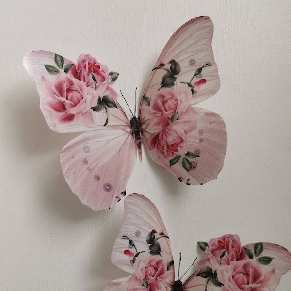 4 Stunning Shabby Chic Vintage Pink Rose 3D Butterflies Butterfly Decals Accessories Home wall decorations Wedding Gifts baby Gifts 5" each