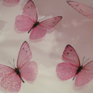 May include: Five pink glitter butterflies with translucent wings. The butterflies are arranged in a scattered pattern on a white background.