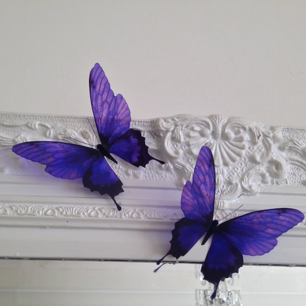 4 papillons violets profonds de luxe en vol 3D, décoration murale papillon, décoration de maison, habillage de fenêtre, 4,5 pouces chacun, 11 cm, fabriqués à la main