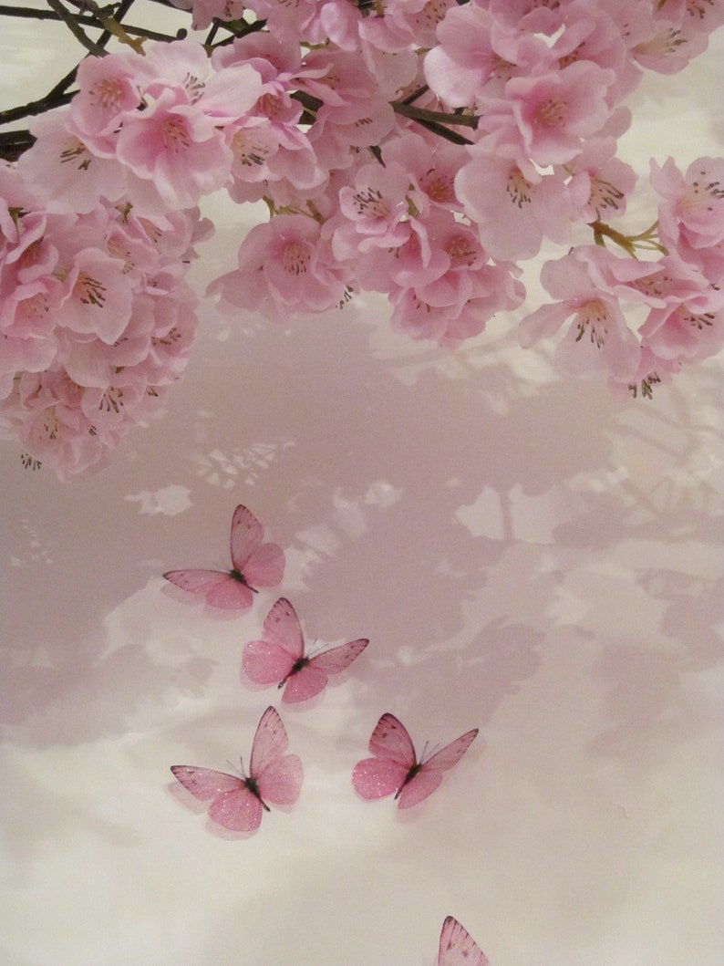 May include: Pink cherry blossoms with delicate petals hang from a branch, creating a soft, romantic backdrop for five pink butterfly decorations.