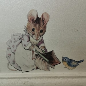 May include: A brown and white mouse wearing a pink and white dress holds a broom and dustpan. A blue bird with a yellow breast is perched on a white surface.
