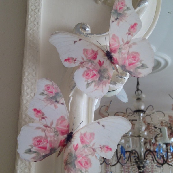 4 Stunning Shabby Chic White butterflies Pink Roses 3D Butterflies Butterfly Decals Wedding table decorations Childrens wall art 5" each