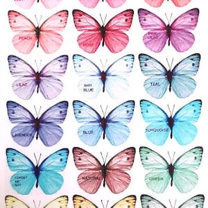 May include: A set of 16 butterfly stickers with different colors and names, including baby pink, sugar pink, salmon, peach, rose, lilac, lavender, baby blue, teal, turquoise, blue, forget me not, natural, green, light lemon, lemon, and sage.