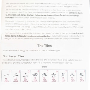May include: A printed guide titled "Beginner's Guide to American Mah Jongg." The guide explains the rules and mechanics of the game, focusing on the American version. It includes examples of numbered tiles with Chinese characters and numbers 1-9.
