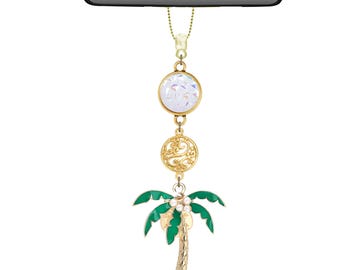 FREE SHIPPING!  Rear view mirror car charm, auto accessory, car bling, green and gold palm tree, adjustable chain