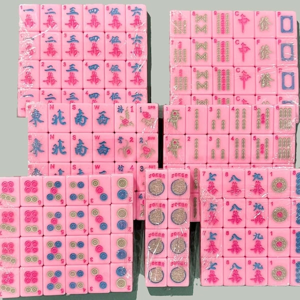 Free shipping on complete American Mahjong Set, 152 pink Tiles, Carry Bag, dice, card, rules, free name tag. Racks and mats sold separately