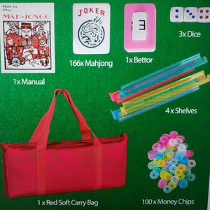 Complete American Mahjong white tile set with accessories, 4 racks with pushers, game rules, carry bag, mahjong MAT and 2 free gifts!